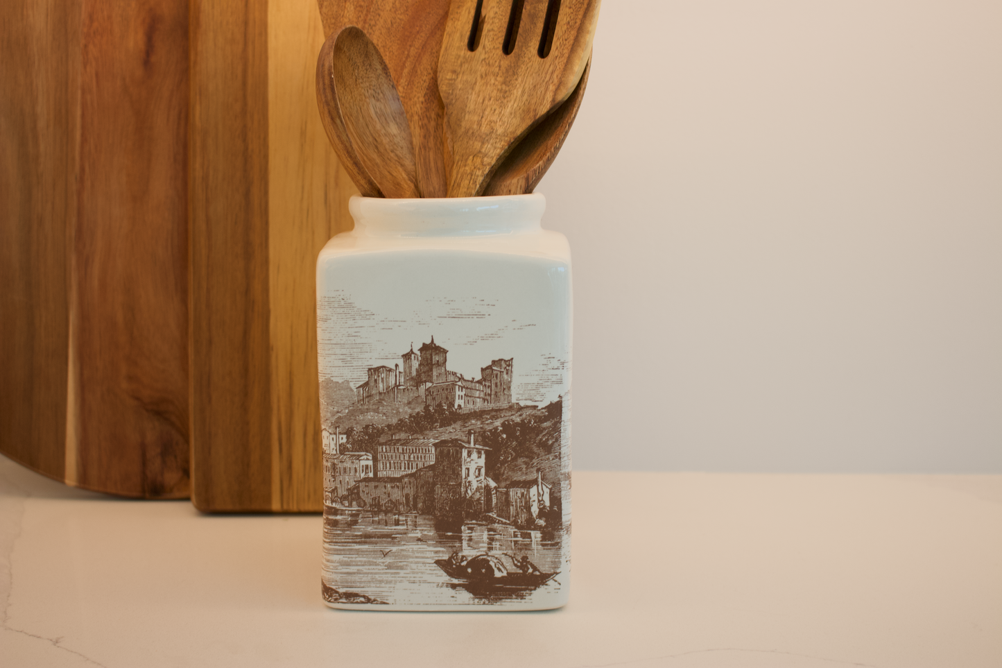 Vintage Ceramic Scenic Township Utensil Crock