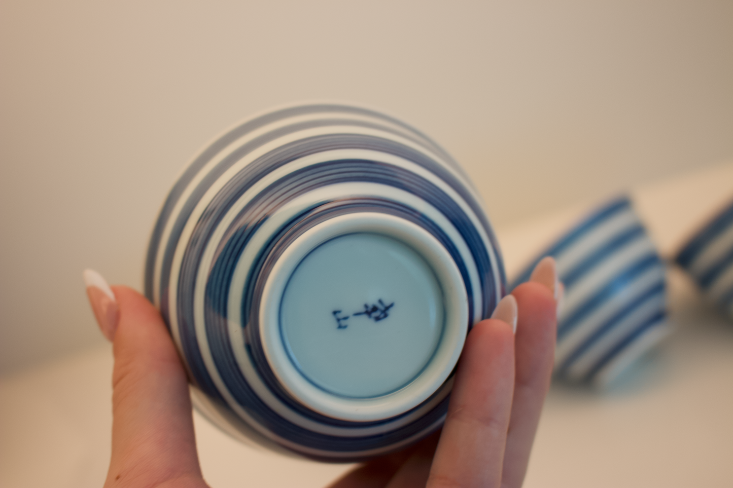 Set of 4 Vintage Blue & White Striped Rice Bowls