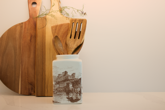 Vintage Ceramic Scenic Township Utensil Crock