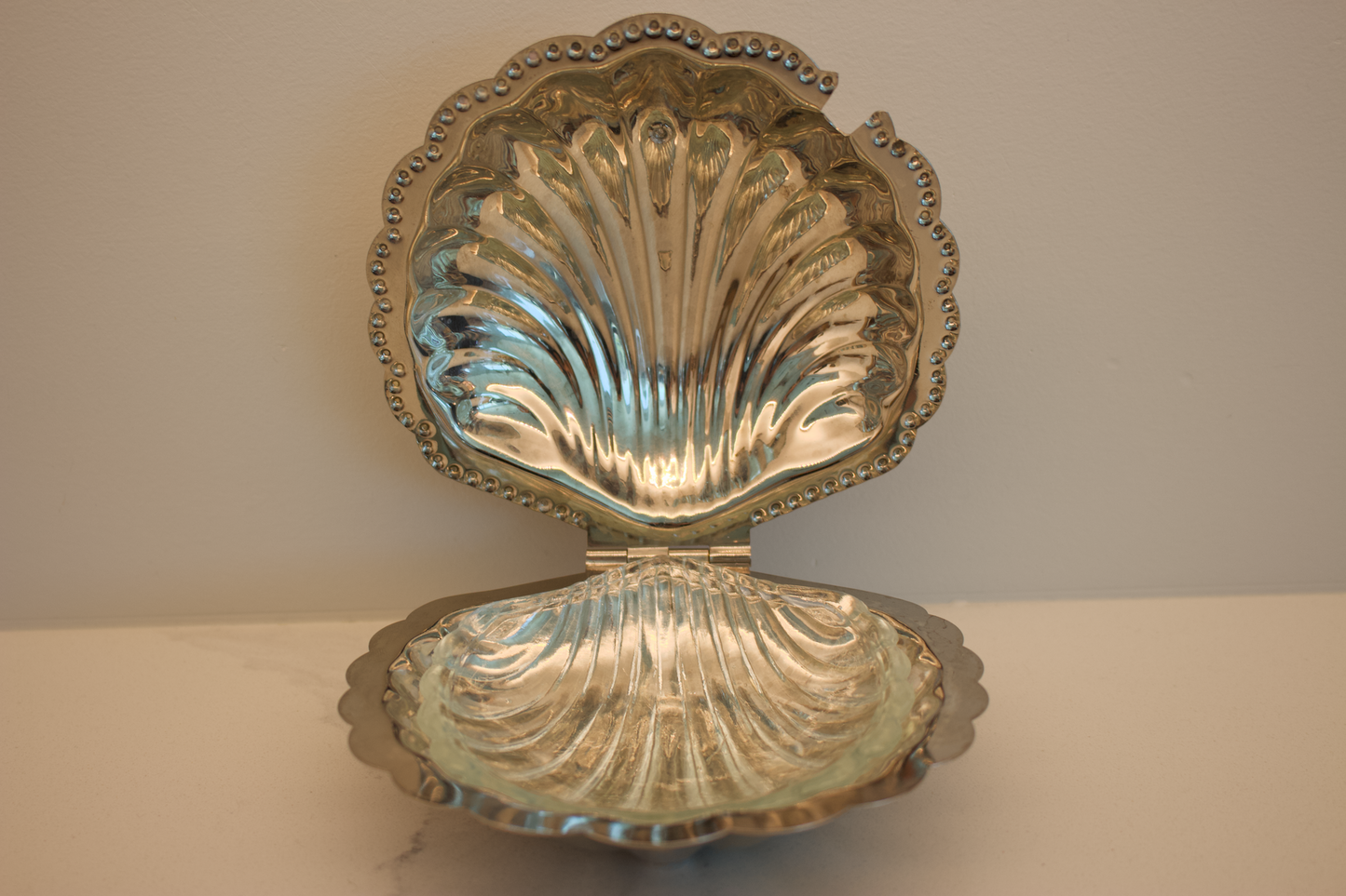 Vintage Silver-Plated Shell Caviar Dish with Glass Liner