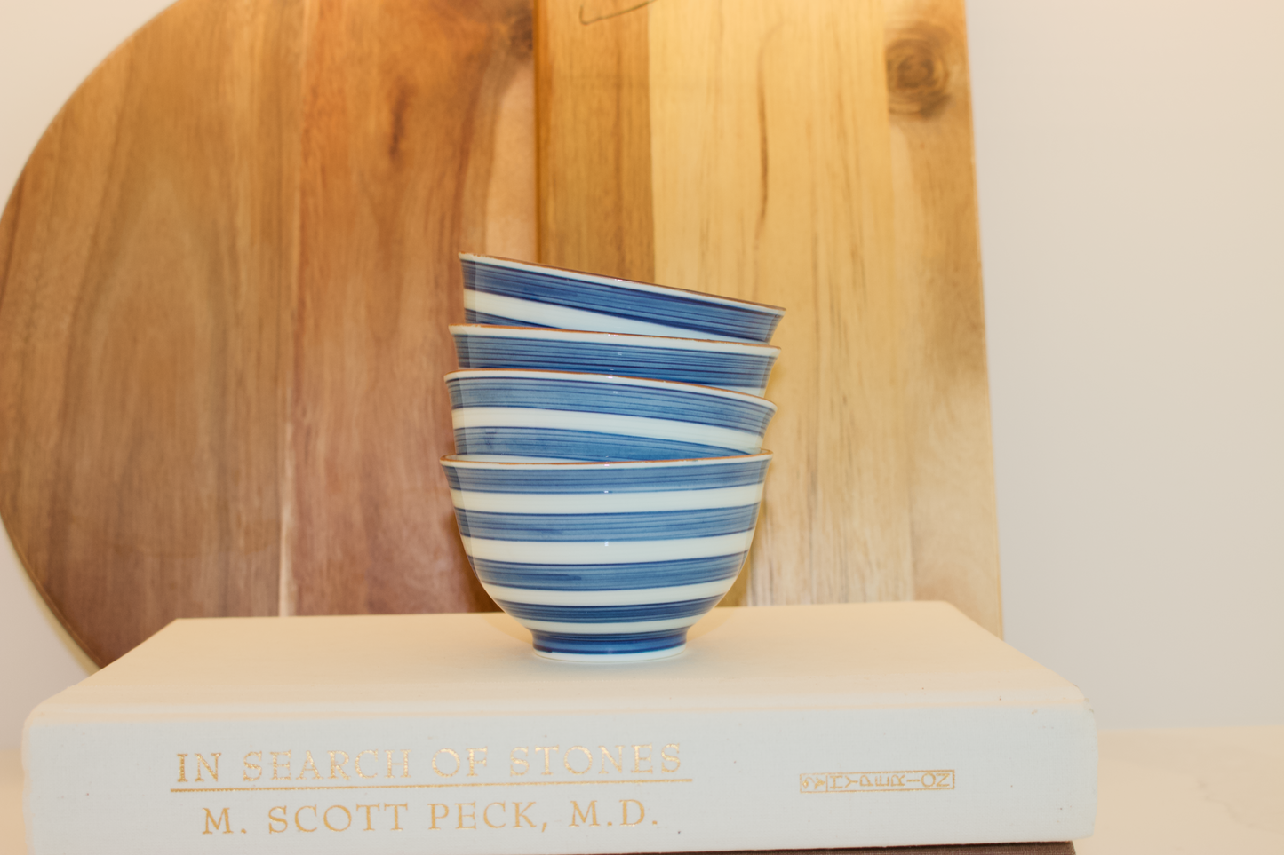 Set of 4 Vintage Blue & White Striped Rice Bowls