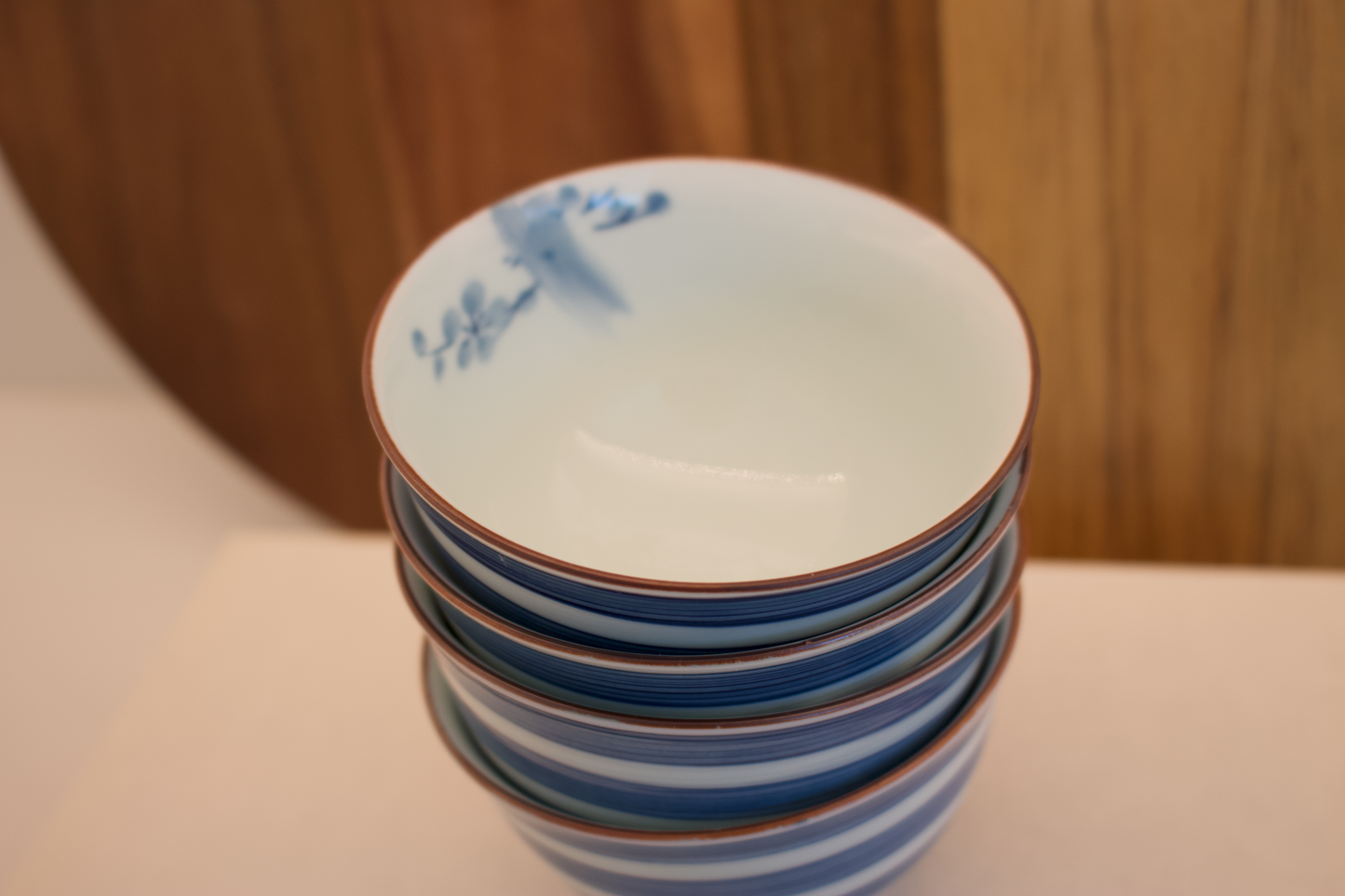 Set of 4 Vintage Blue & White Striped Rice Bowls