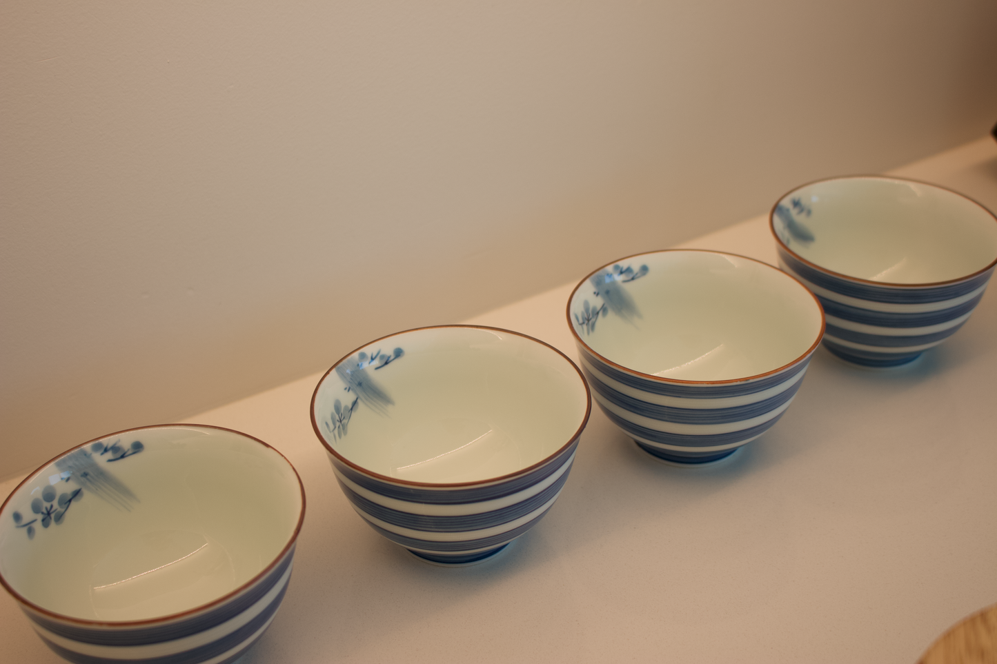 Set of 4 Vintage Blue & White Striped Rice Bowls