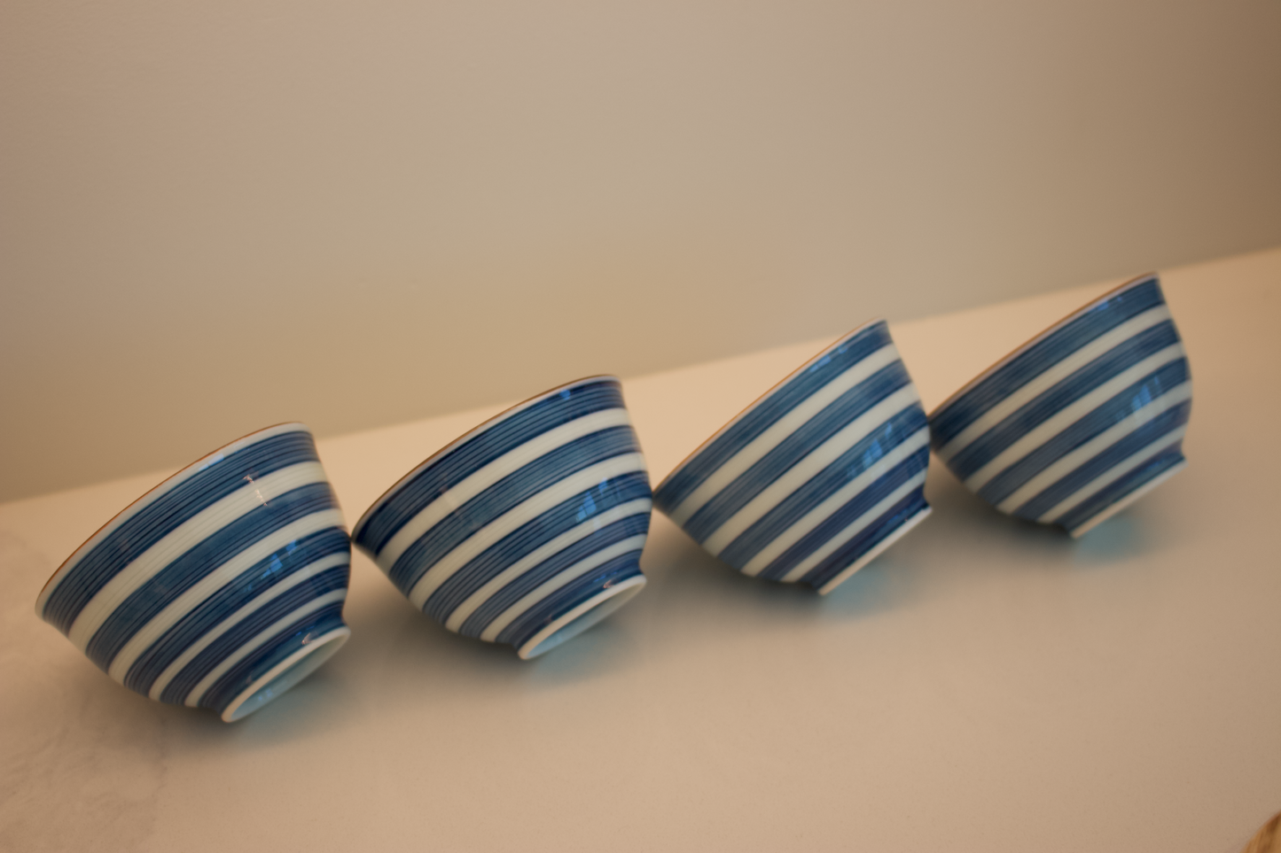 Set of 4 Vintage Blue & White Striped Rice Bowls