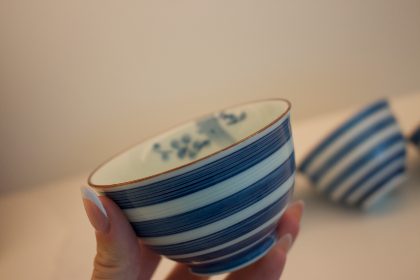Set of 4 Vintage Blue & White Striped Rice Bowls
