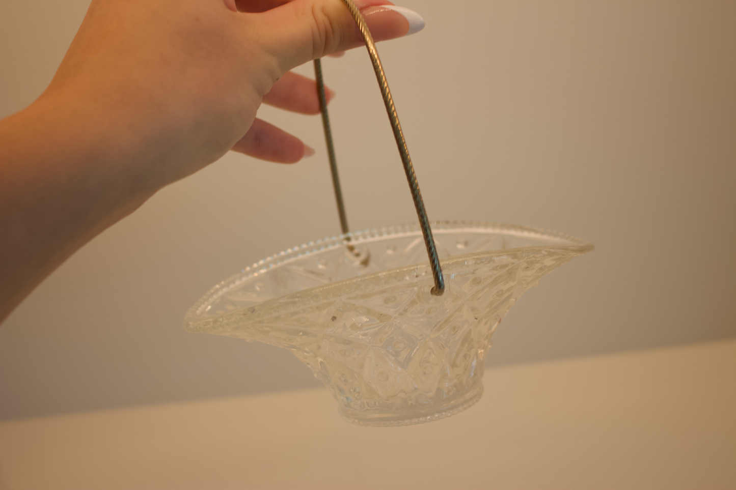 Vintage Avon Diamond-Point Glass Basket with Rope Metal Handle