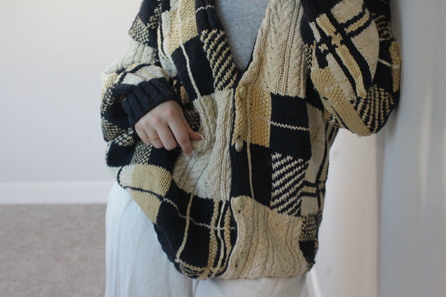 Oversized 90s Patchwork Chunky Knit Cardigan