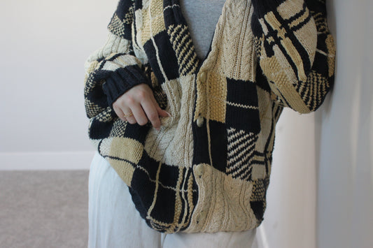 Oversized 90s Patchwork Chunky Knit Cardigan